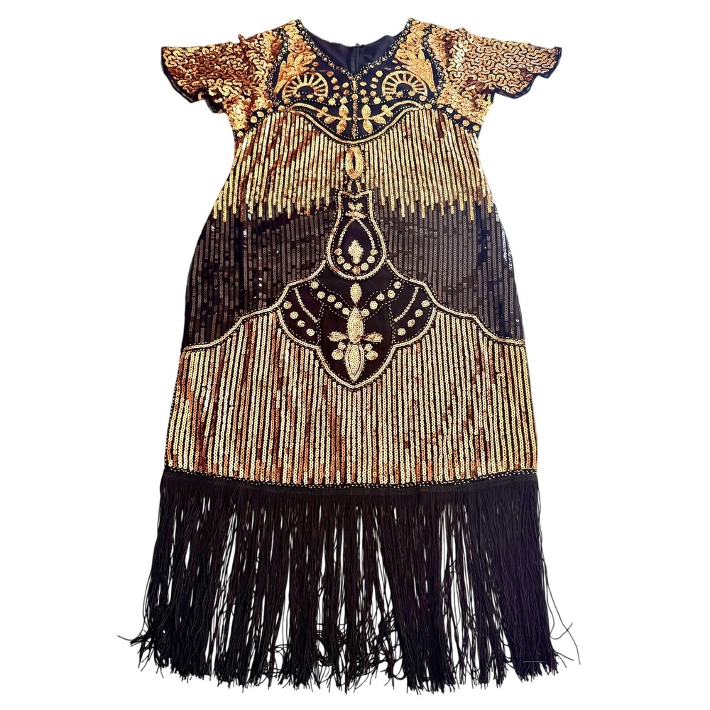 Gold Sequin Fringe Flapper Dress  1920s Great GatsbyArt Deco Black Gold‎ Large
